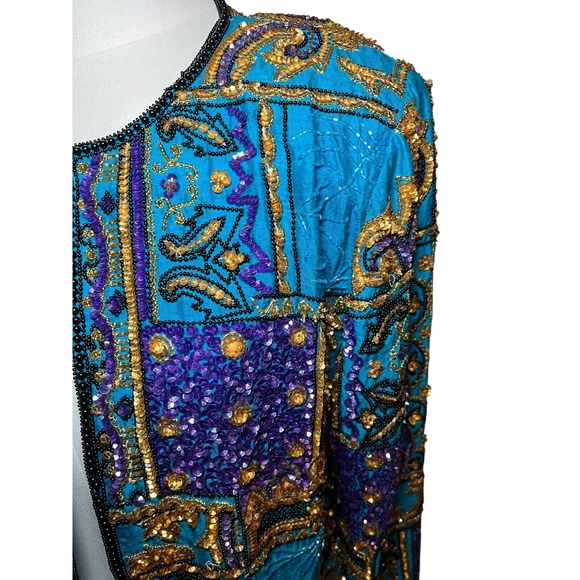 Adrianna Papell‎ Beaded Silk Jacket Vintage 80s Turquoise Sequin Evening Blazer - Picture 5 of 9